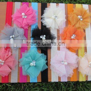 2.5inches Mini Tulle Mesh Flowers With Rhinestone Pearl Center with Baby Headbands for Hair Accessories