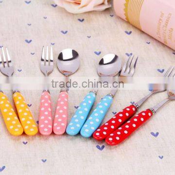 Stainless Steel white polka dot of ceramic handle Zakka spoon and fork