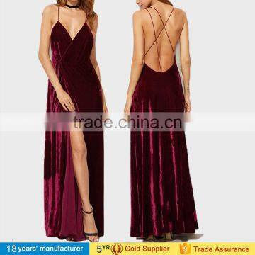 New sexy fashion burgundy spaghetti strap backless wrap maxi long party velvet prom dresses 2016