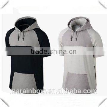 Fashion Design Mens Short Sleeve Gym Hoodie 100% Cotton Paneled Pullover Hoodie Color block Hoodie with Side Zippers