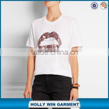 China factory cheap t shirt printing sequined lips wholesale