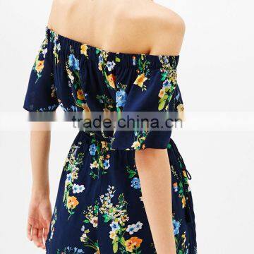 Best Sell Thin Collect and High Waist Floral Off-shoulder Jumpsuit photo-6