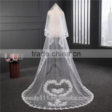 2017 wholesale new grance long lace bridal wedding veil Printed with lace pattern long Tulle emboried lace wedding veils