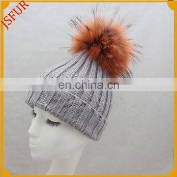 Energy-Saving Knit Beanie with 100% raccoon fur Bobble Hat