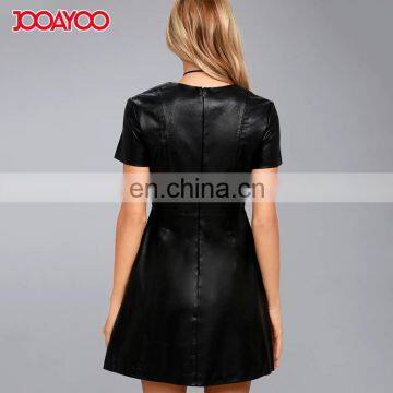 Women Clothes Skater Dress Fashion Black Leather Mini Dress for Ladies photo-3