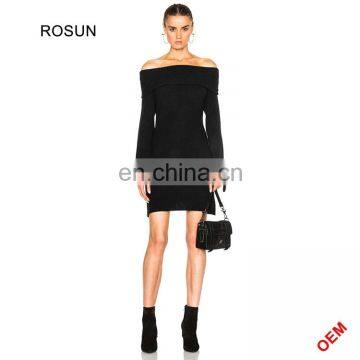 2017 Wholesale custom latest lady fashion black long sleeve sex off shoulder designs net knit dress