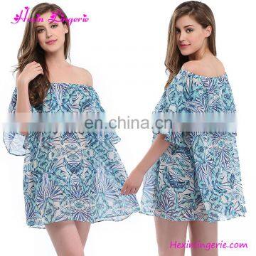 Blue Printing Off Shoulder Short Bohemian Clothing Boho Dress