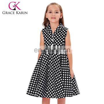 Grace Karin Kids Vintage 50s Dress Girls Retro Vintage Sleeveless Lapel Collar Black Dress With White Polka Dots CL009000-1