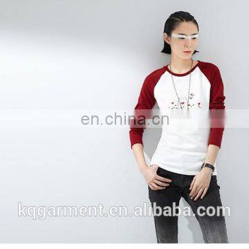 Latest fashion raglan t-shirt/ o neck plus size women's bomber t-shirt /long sleeve t-shirt printed for OEM