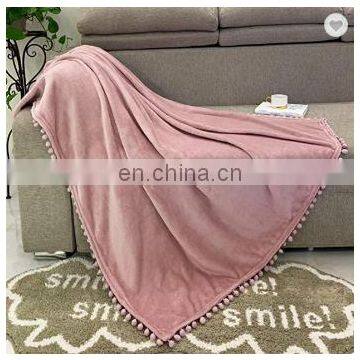 100% Polyester Flannel Blanket With Pom Border Two Sides Brushed Cozy Fleece Throw photo-3