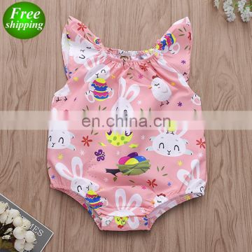 2019 Easter Egg Pink Baby Rompers Bunny Full Print Bodysuit Rabbit Fly Sleeved Floral Bodysuits