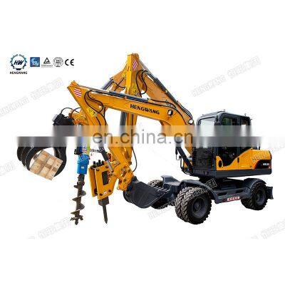 Hengwang HW80L Factory Bottom Wholesale Price 8ton Wheel Excavator With 360 Degree Hydraulic Wood Grabber