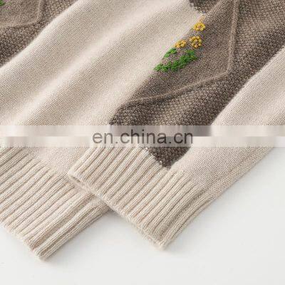 Winter Casual Crew Neck Pullover 100% Cashmere Sweater With Plaid Pattern and Floral Embroidery