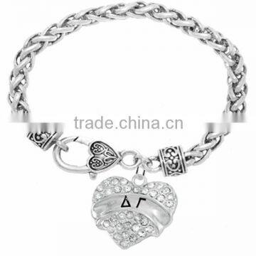 Genuine Austrian Clear Crystal "Delta Gamma" Greek Sorority Heart Charm Chain Link Bracelet photo-2