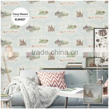 free samples printing pvc coated wallpaper, blue for kids geographic wall paper for kids bedroom , removable wallcovering maker