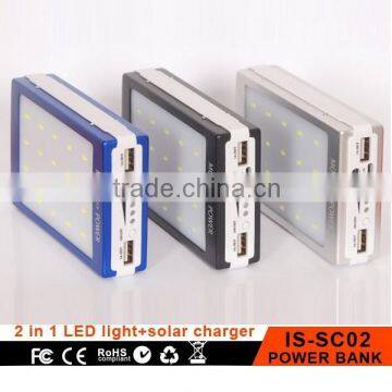 LED camping light solar charger with dual USB output, charger booster power bank
