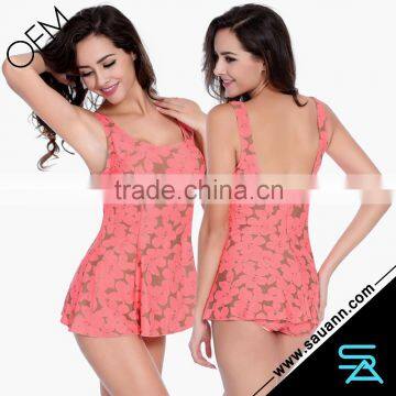 Hot Selling Sport Swim Wear Pink Floral Print Dress Monokini