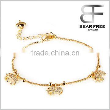 Women's 18K Gold Plated Dangle 3 Elephants inlay Zirconia Chain Anklet Bracelet