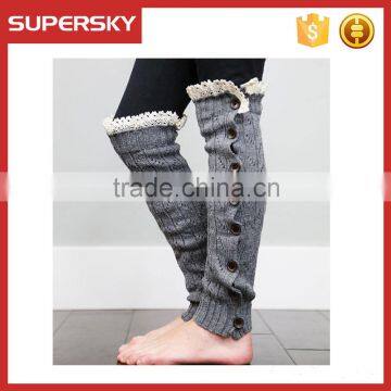 C01-3 Custom Wholesale Boho Grey Knitted Ruffles Lace Leg Warmers With Buttons for Girls