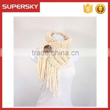 V-11 Fringed chunky crochet knit coconut scarf with shell button knitting pattern knitting infinity loop scarf