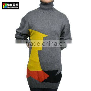 High Neck Intarsia Wool Dress, Women Special Print Cashmere Dress