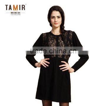 Elegant Ladies Cashmere Knitted Black Lace Dress, Women Graceful Cashmere Party Dress