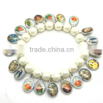 glass beads bracelet with small religious medals double sides 8mm white beads