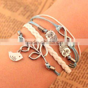 Fashion Vintage Leaf bird Infinity Cross Owl leather bracelet Multilayer leather bracelet