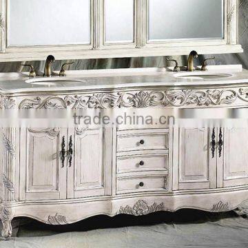 Retro Classic Bathroom Furniture Vanity With Double Sink, Vintage Sanitary Ware Carved Wooden Bathroom Cabinet With Marble Top