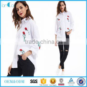 2017 new long sleeve embroidery cotton casual shirt design in white color normal day