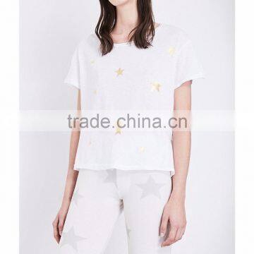 Dropped Shoulders Short Sleeves Star Printed Cotton Jersey T-shirt(DQE0255T) photo-4