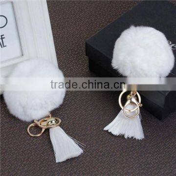 Cheap Wholesale Gold Plated White Angora Pom Pom Ball Rayon Tassel Keychain photo-3