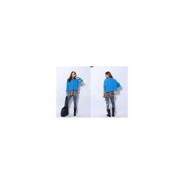 Blue Womens Pullover Sweaters Crew Neck in Bat Sleeve and Irregular Bottom Hip