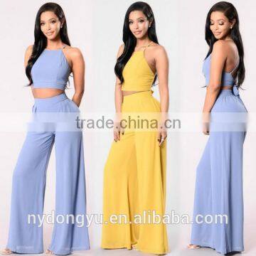 halter yellow top bell bottomed trousers 2 piece set /yjn flare pants and top set