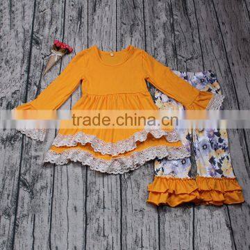 Yawoo yellow wave dress match ruffle pants toddler girl clothing wholesale children clothes