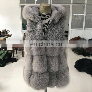 new style hooded real fur gilet genuine fox fur vest with lamb fur