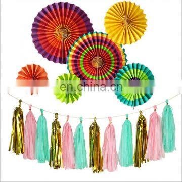 Colorful tissues paper garland and colorful paper flower fans for wedding party decoration