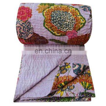 Handmade Indian Cotton Bedspread Ethnic Floral Print Designer Queen Bed Size Bedspreads, Kantha Thread Work Bedsheet