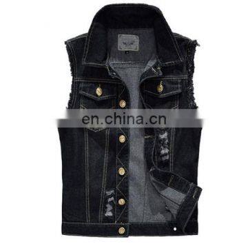 wholesale distressed denim jackets -sleeveless Black denim zipper goth jacket without hood