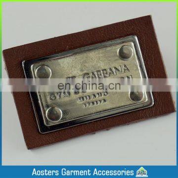 custom leather labels sew on brown metal logo leather patch