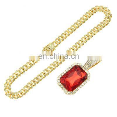 Hip Hop Zinc Alloy Iced out Cuban Link Chain 5 Rubine Ruby Gemstone Necklace