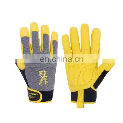 HANDLANDY yellow black deerskin palm with foam padded palm patch hook and loop fasteners mechanic gloves safety gloves