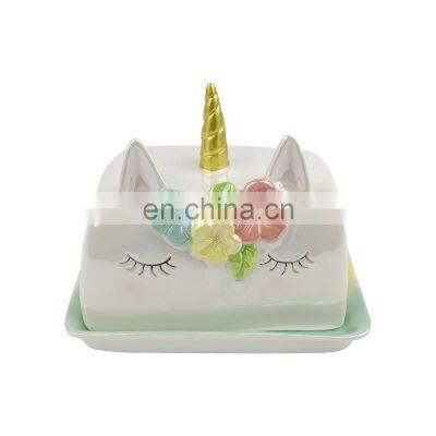 custom design rectangular unicorn colorful porcelain enamel ceramic stoneware butter sauce dish container with lid