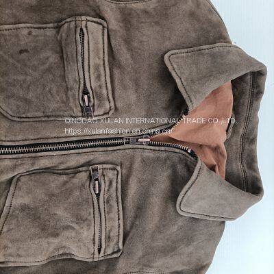 Men's Washed Distressed Retro Vintage Sheepskin Leather Suede JACKET photo-2