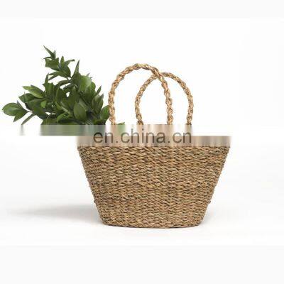 Vintage High Quality Seagrass HandBag, Natural Beach Bag, Tote Bag Round Straw Summer basket Vietnam Supplier