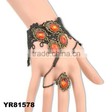Ladies Lace Retro Vintage Crystal Beads Black Bracelet & Ring Set For Women