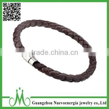 Trendy Braided Brown PU Leather Bracelet Cuff Bangle Stainless Steel Leather Bracelet Clasp for Men and Women