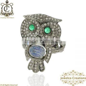 OWL Diamond Ring, 925 Sterling Silver Pave Diamond Ring, Gemstone Diamond Ring, Stylish Diamond Owl Ring, Diamond Studded Ring