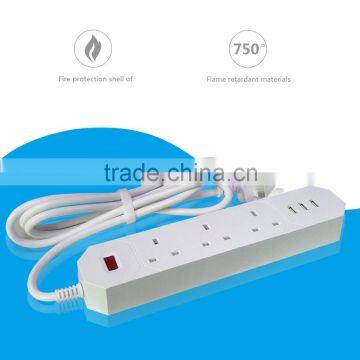 British plug 3 way multiple socket with usb connection 100v-250v 13a cable