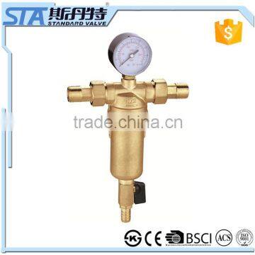 ART.5073 Household 1/2" Forged Body Natural Color Sand Blast Brass Sediment Pre Water Filter With Gauge Meter for the Pipeline photo-2